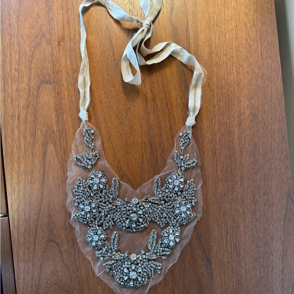 Vera Wang Silver and Cream Statement Necklace with Intricate Beadwork